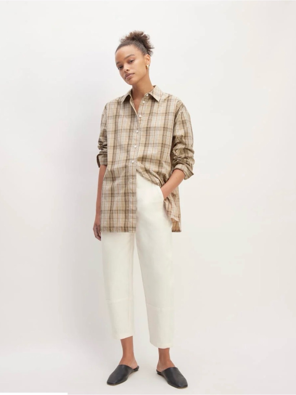 Everlane Supima Cotton Boyfriend Shirt Women’s S Beige Plaid Oversized Button Up